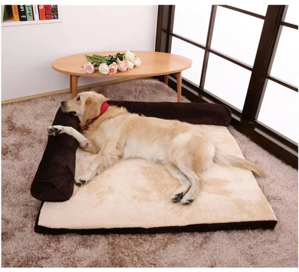 Premium corduroy plush orthopedic pet bed with a beige cushion and dark brown corduroy sides for comfort and support