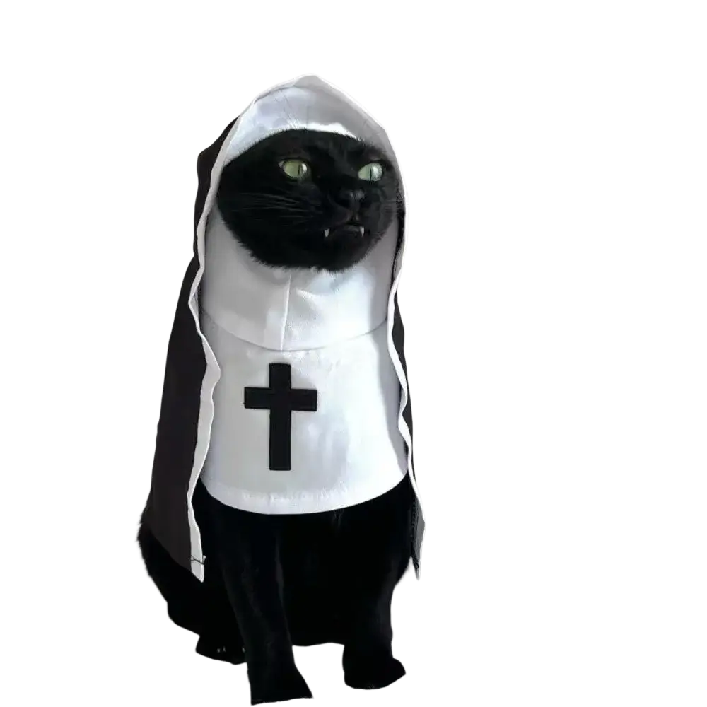 Black cat wearing a white and black hooded nun costume with cross emblem made of polyester fibre for pet dog cat use