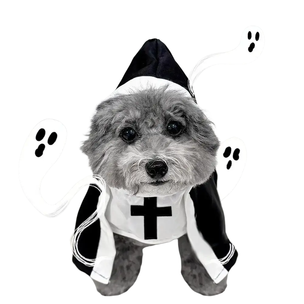 Black and white pet dog cat nun costume in polyester fibre with pointed hat ghost cutouts cross emblem and striped sleeves