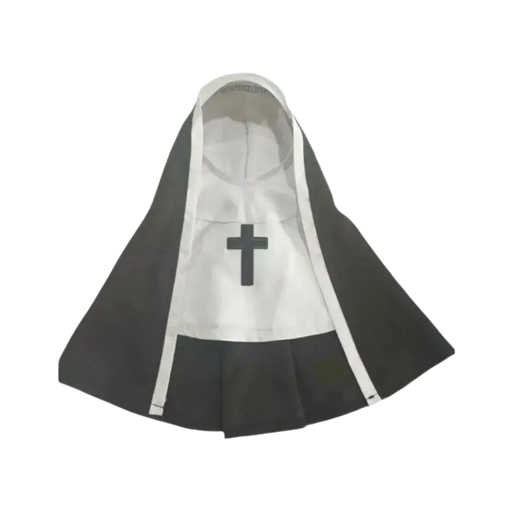 Black and white pet dog cat nun costume with central black cross on white front panel made of polyester fibre