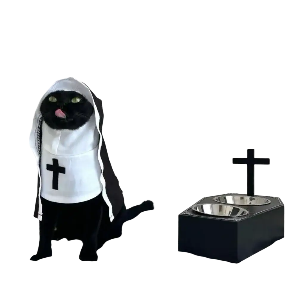 Black and white nun-themed pet dog cat costume with cross emblem made of polyester fibre for small pets
