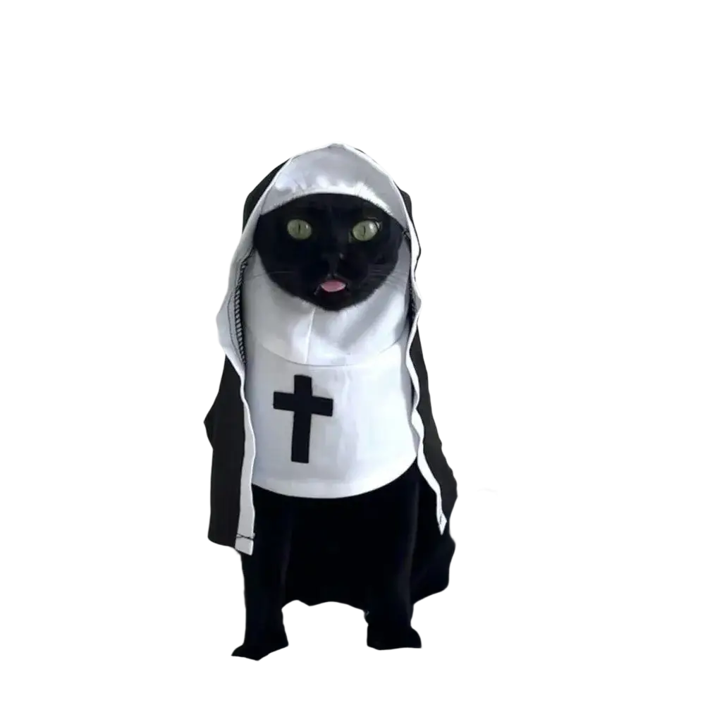 Black cat wearing a white polyester fibre pet dog cat nun costume robe with black trim and cross emblem on the chest