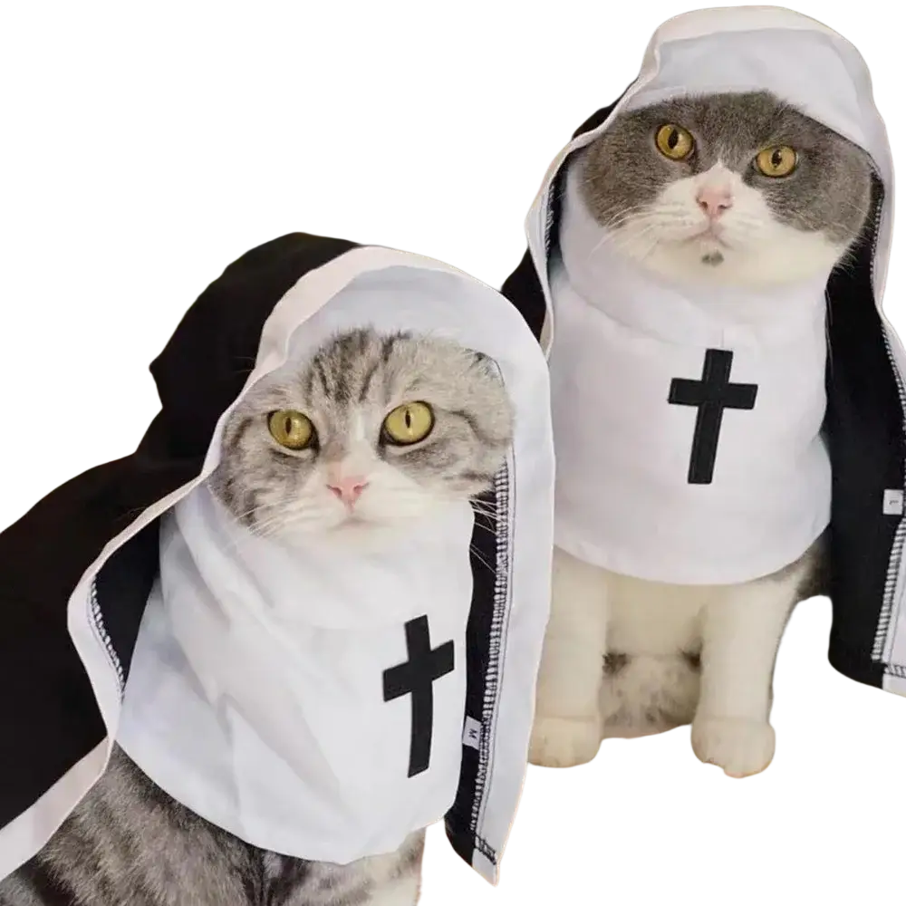 Two cats wearing black and white pet dog cat nun costume made of polyester fibre with cross design on front