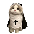 A fluffy cat wearing a black and white pet dog cat nun costume made of polyester fibre with a cross emblem on the front