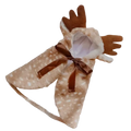 A cozy beige faux fur reindeer-themed pet dog coat with white polka dots and brown antlers for winter use