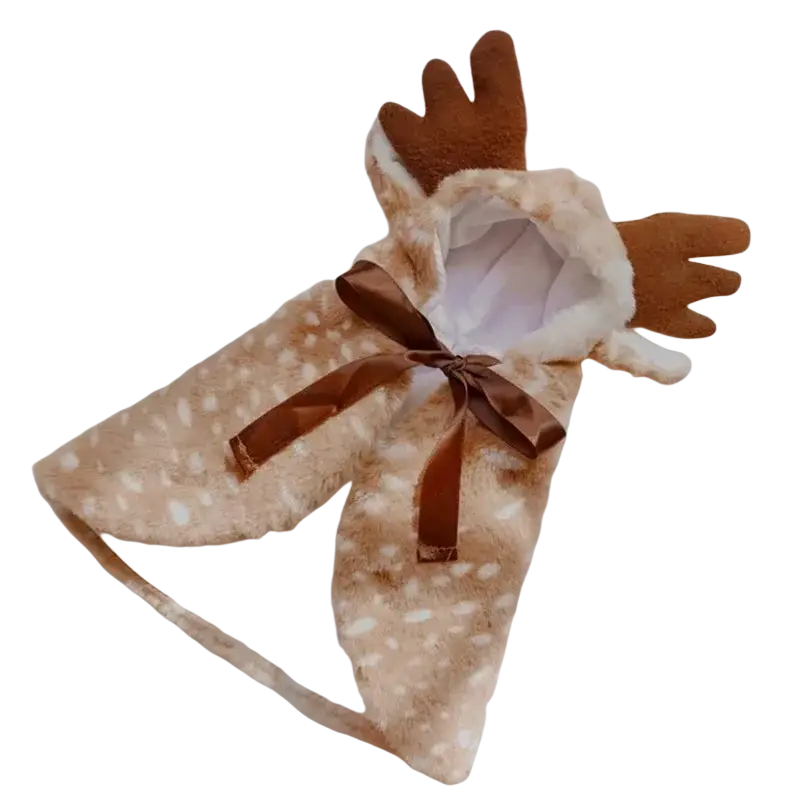 A cozy beige faux fur reindeer-themed pet dog coat with white polka dots and brown antlers for winter use