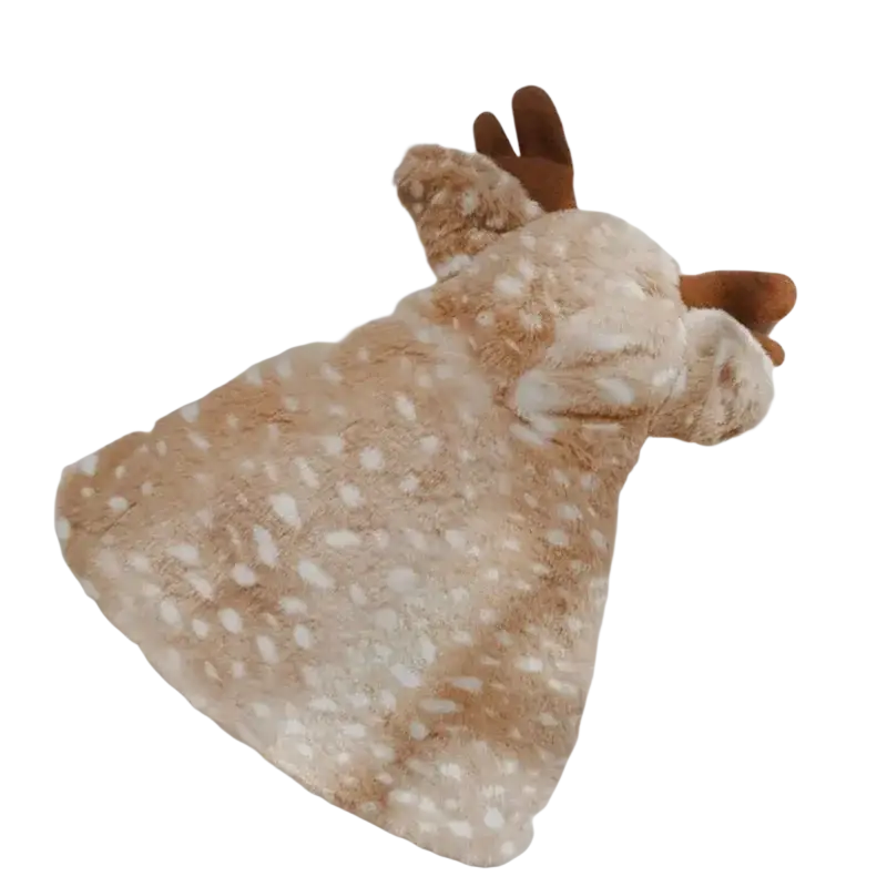 Faux fur reindeer-shaped pet dog clothes with white spots and brown antlers for winter costume use