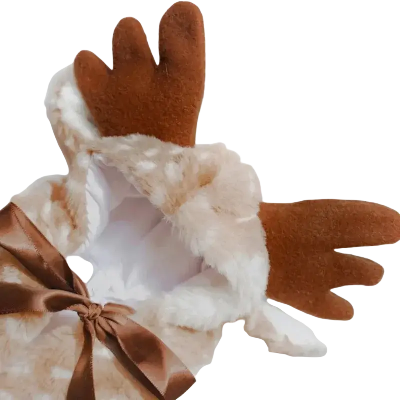 A plush reindeer-themed pet dog clothes gift bag with brown felt antlers white faux fur trim and satin ribbon bow