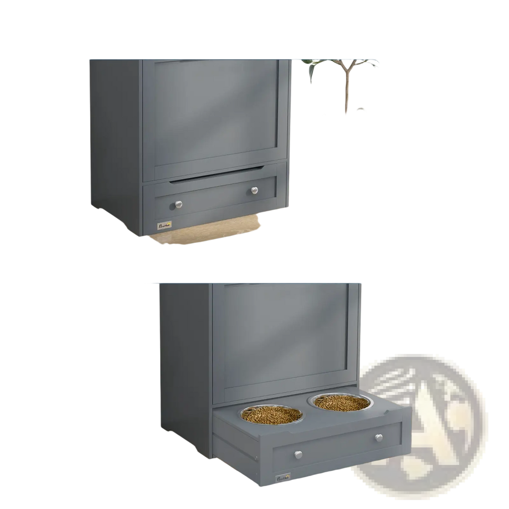 Gray pet feeder station with drawer-style hidden food container and two round bowls designed to blend into furniture