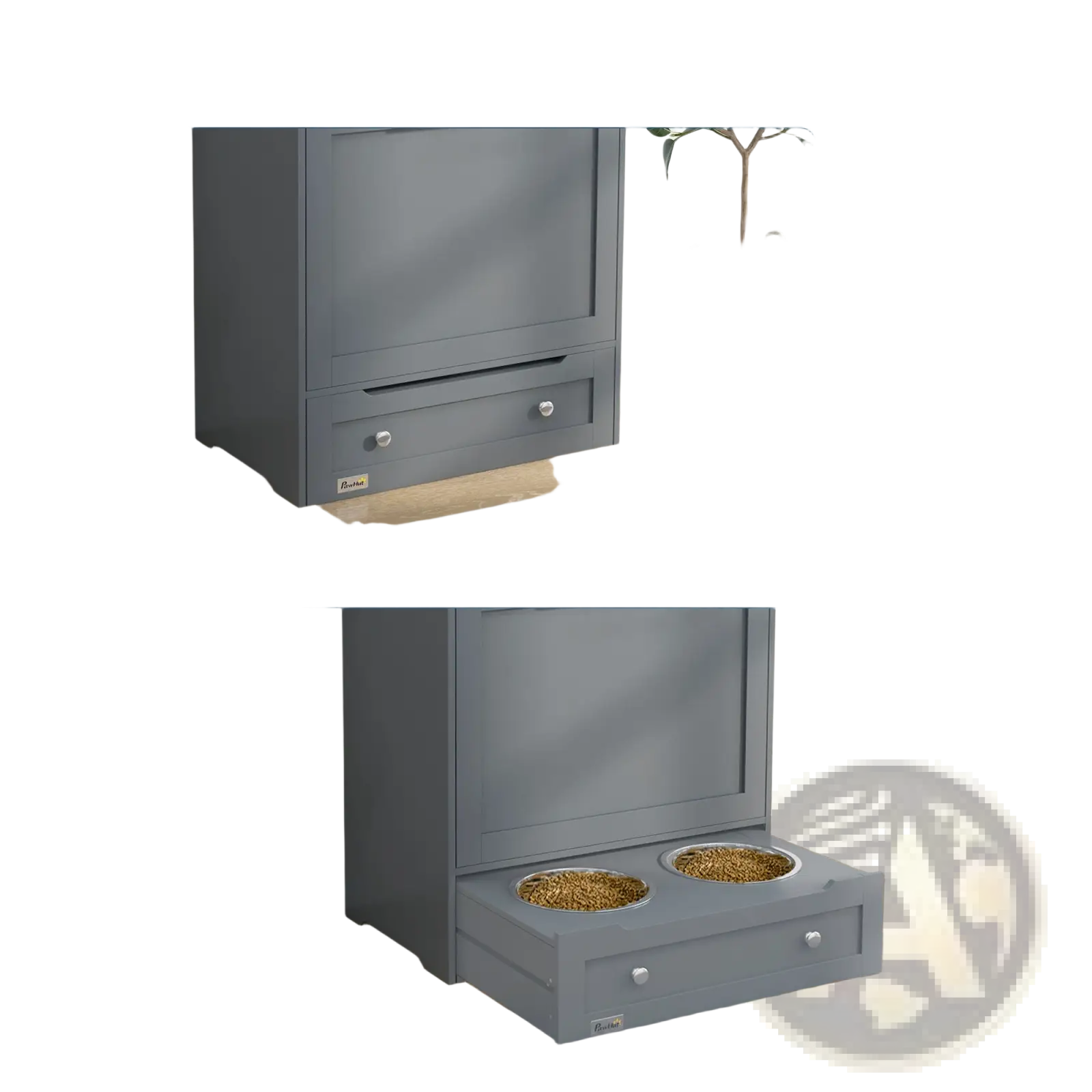Gray pet feeder station with drawer-style hidden food container and two round bowls designed to blend into furniture