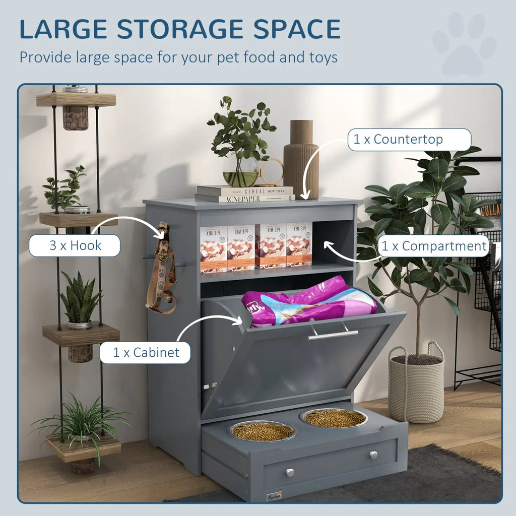 Gray pet feeder station with hinged lid storage cabinet showing purple dog food bags and two feeding bowls below