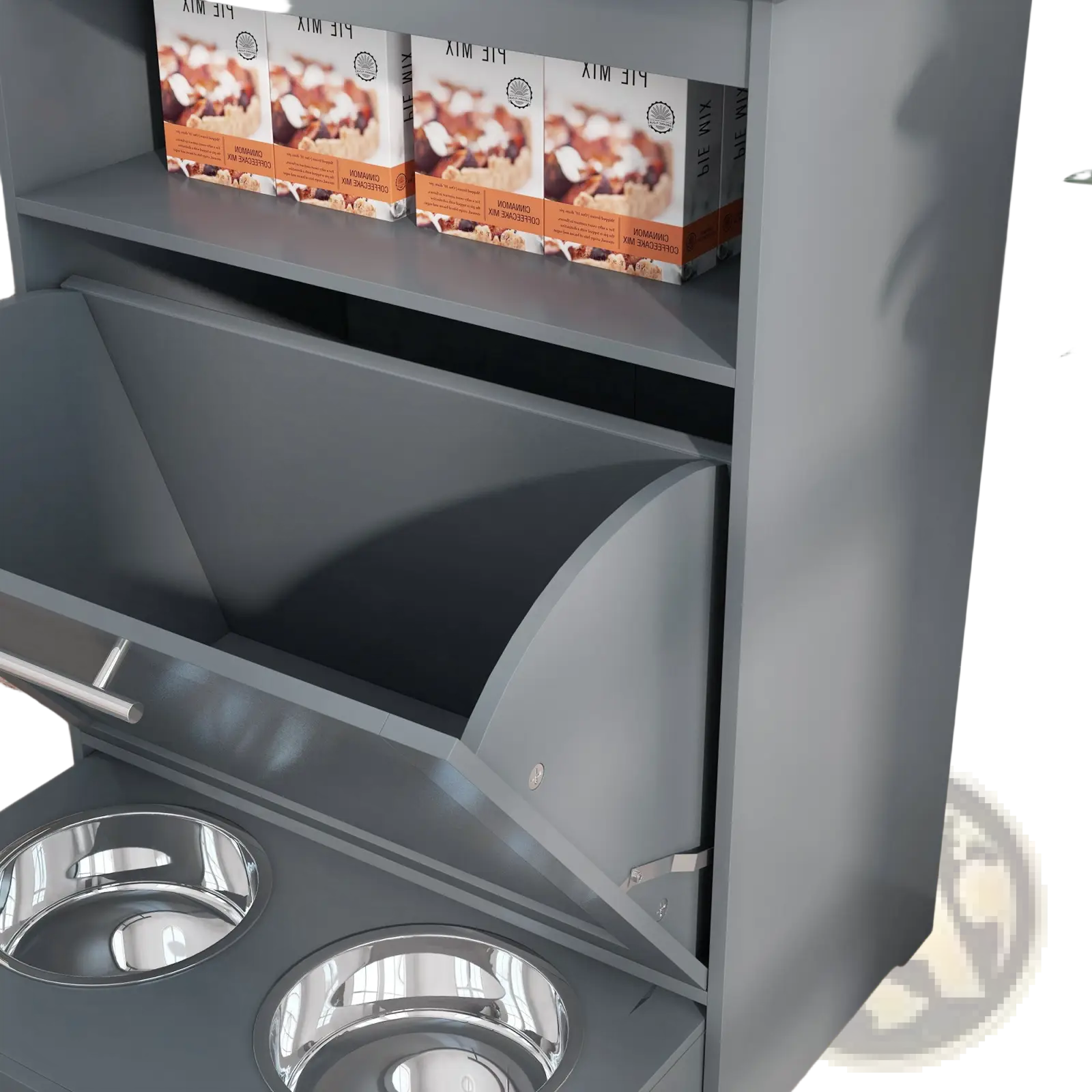 Gray metal pet feeder station with two stainless steel bowls and storage shelf holding pie mix boxes for dog food storage