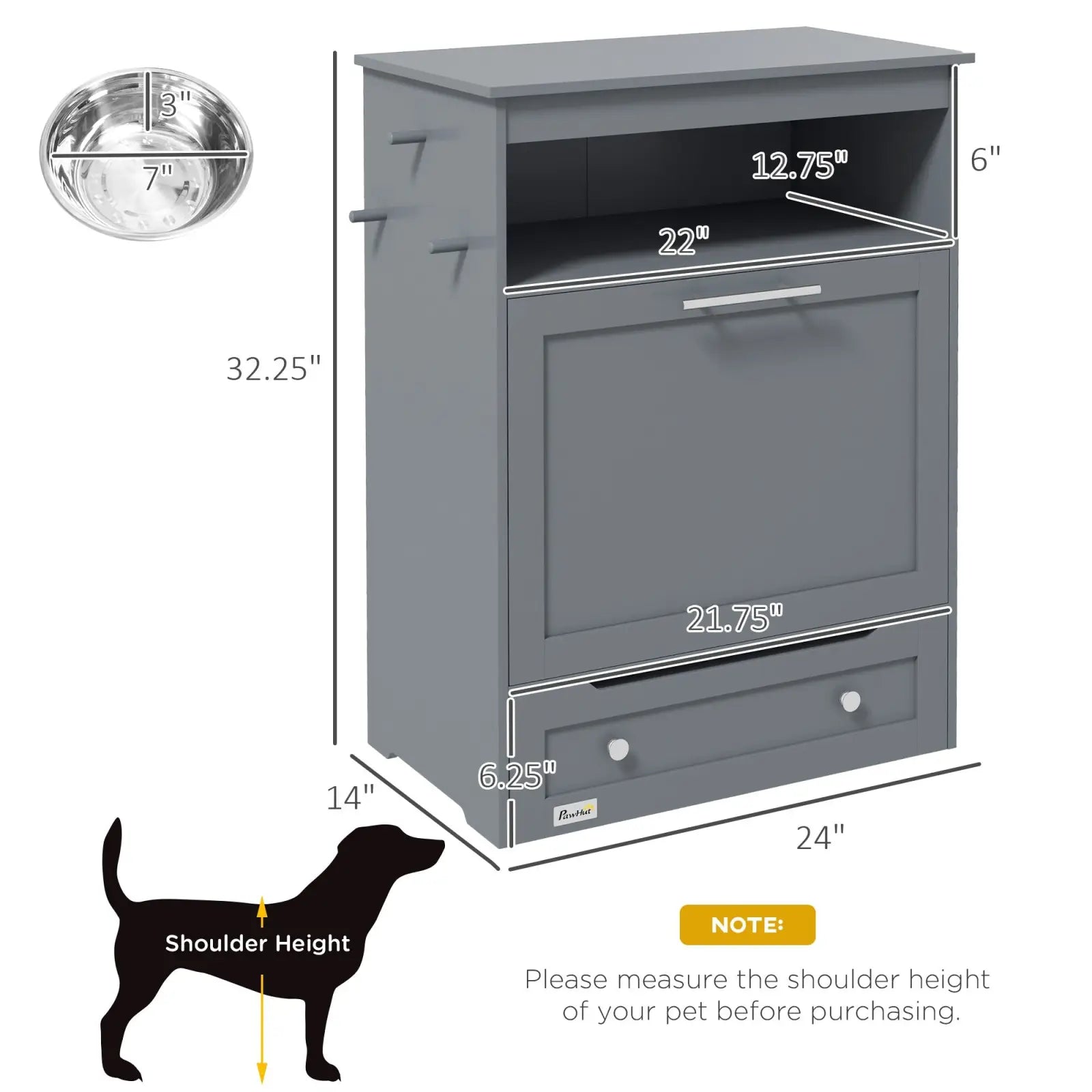Gray pet feeder station with dog food storage cabinet featuring a top shelf two drawers and open compartment below