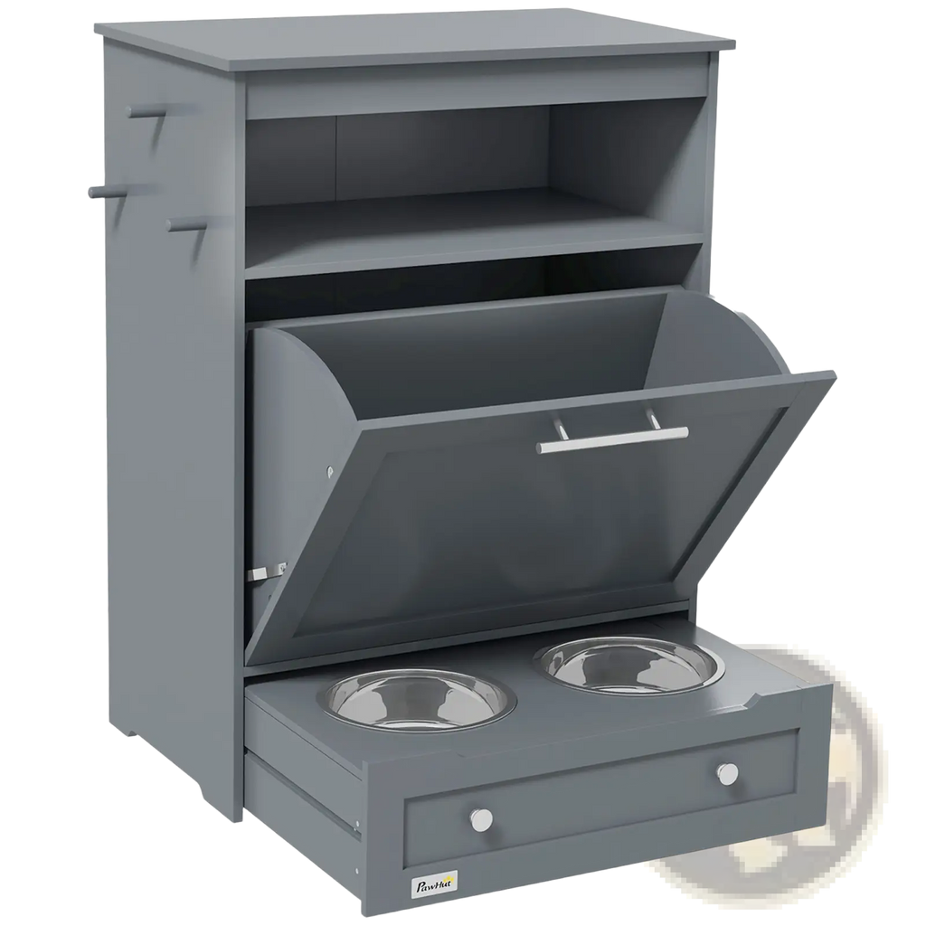 Gray pet feeder station with hinged lid and two stainless steel bowls featuring dog food storage cabinet design