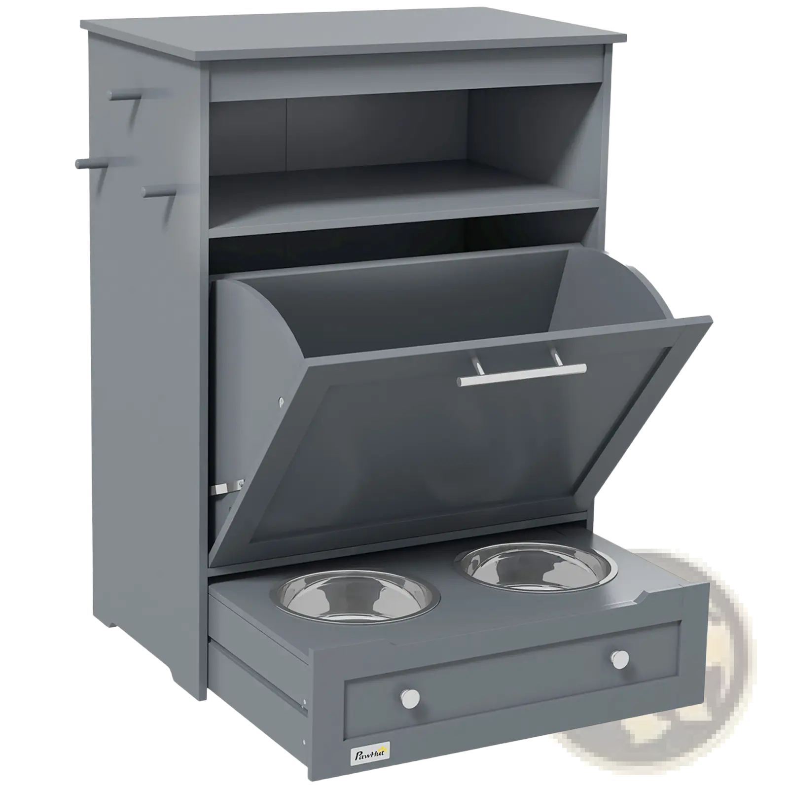 Gray pet feeder station with hinged lid and two stainless steel bowls featuring dog food storage cabinet design