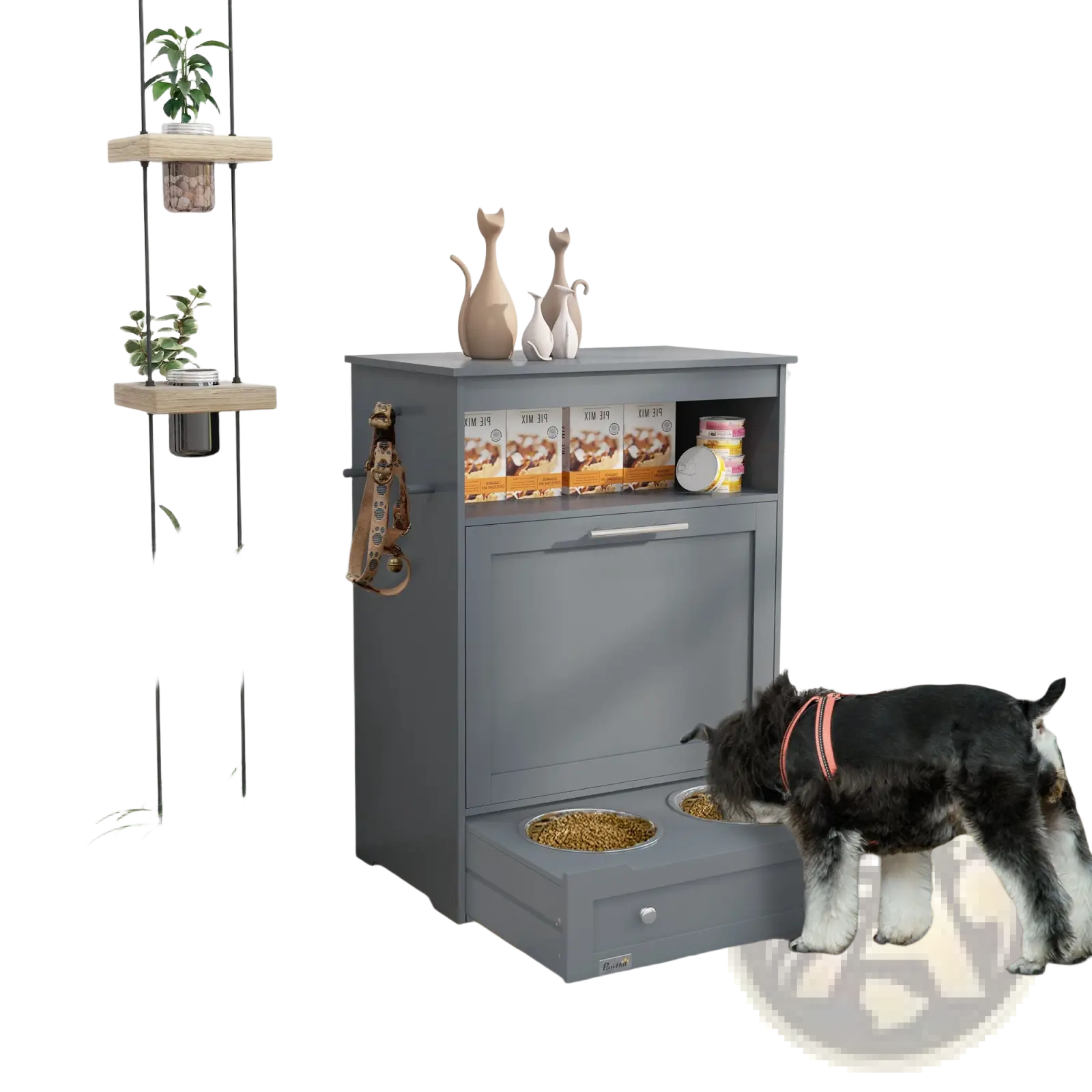 Gray pet feeder station with two stainless steel bowls and pull-out drawer for dog food storage and feeding