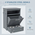 Gray pet feeder station with dog food storage cabinet featuring two stainless steel bowls in a pull out drawer