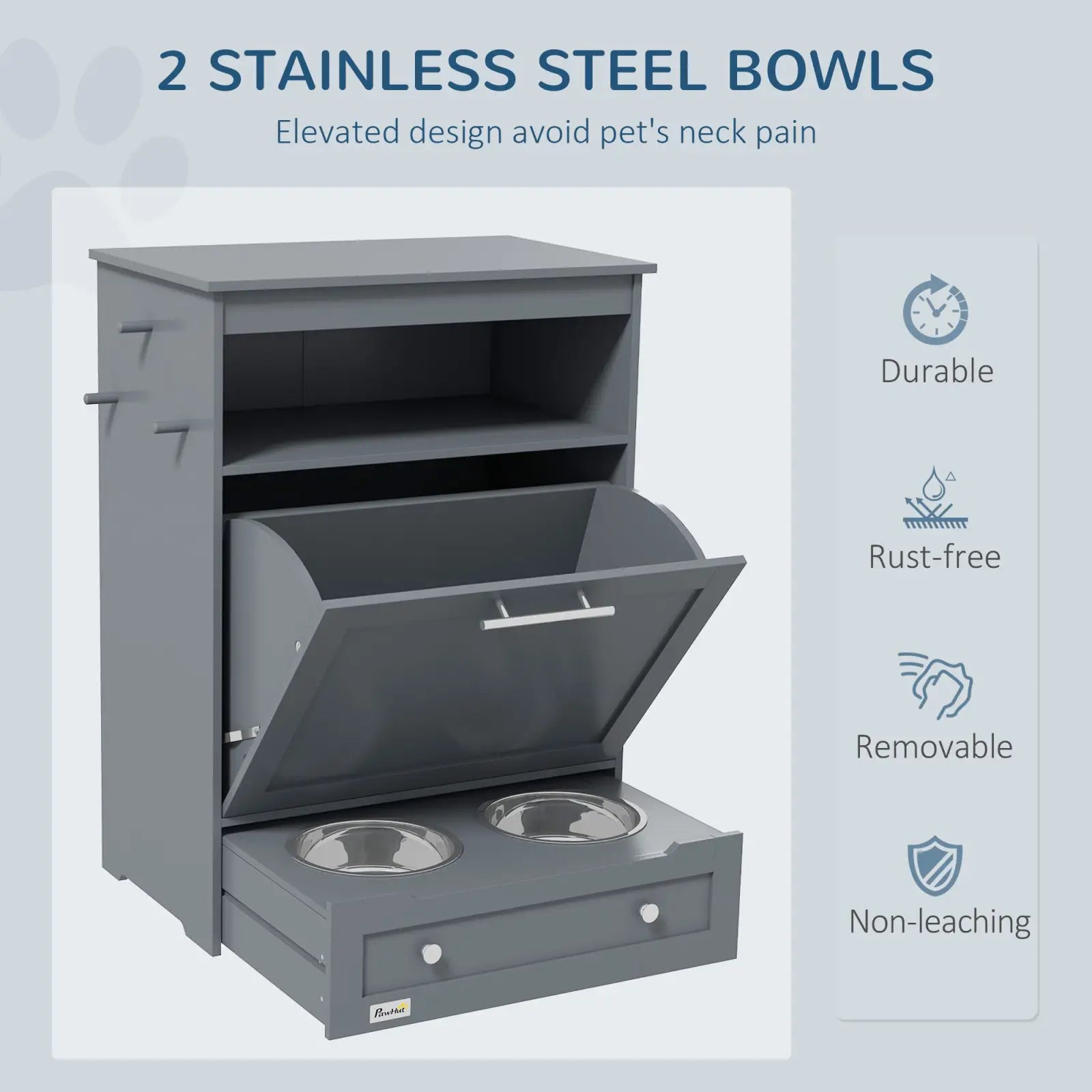 Gray pet feeder station with dog food storage cabinet featuring two stainless steel bowls in a pull out drawer