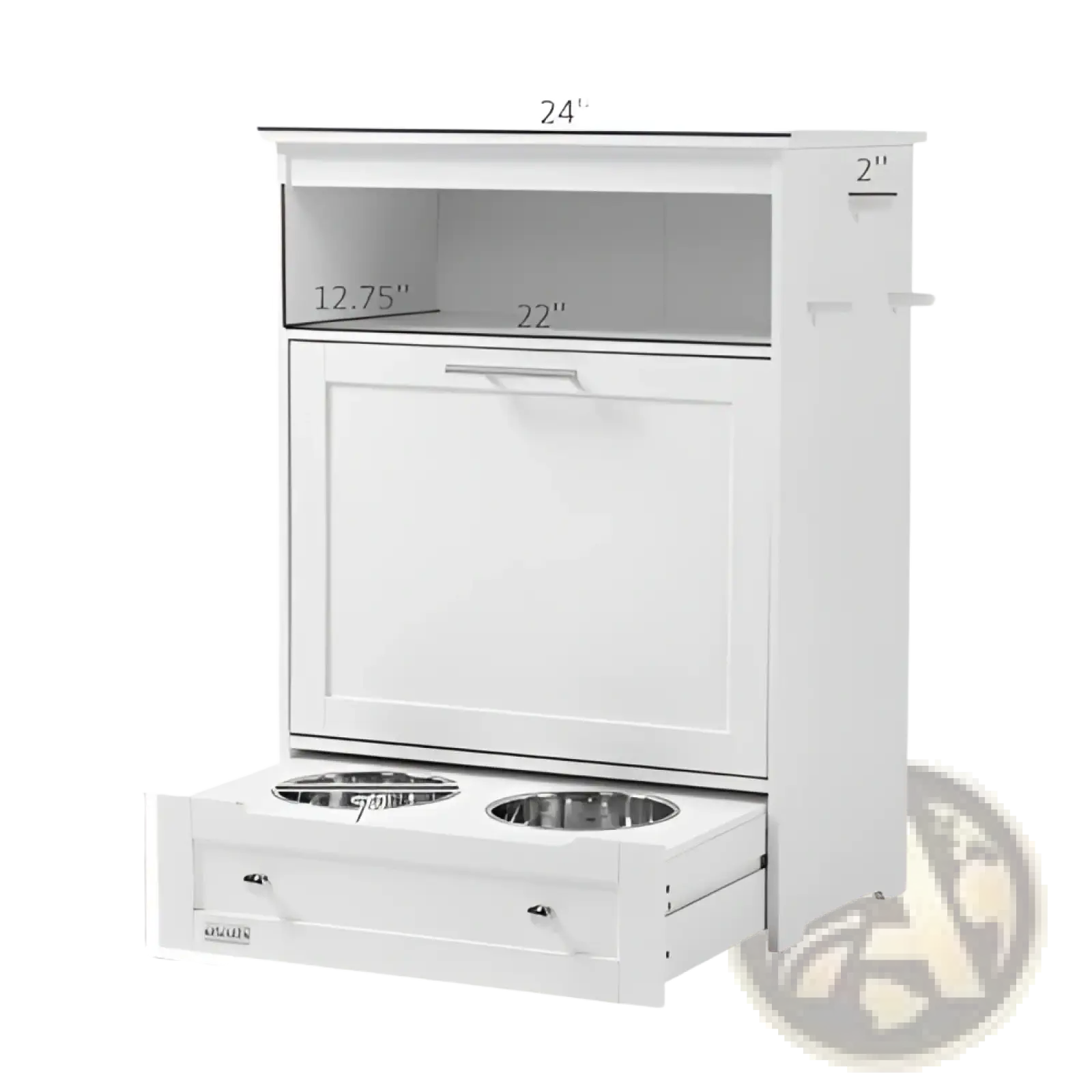 White pet feeder station with dog food storage cabinet featuring two stainless steel bowls in a pull-out drawer and upper shelf