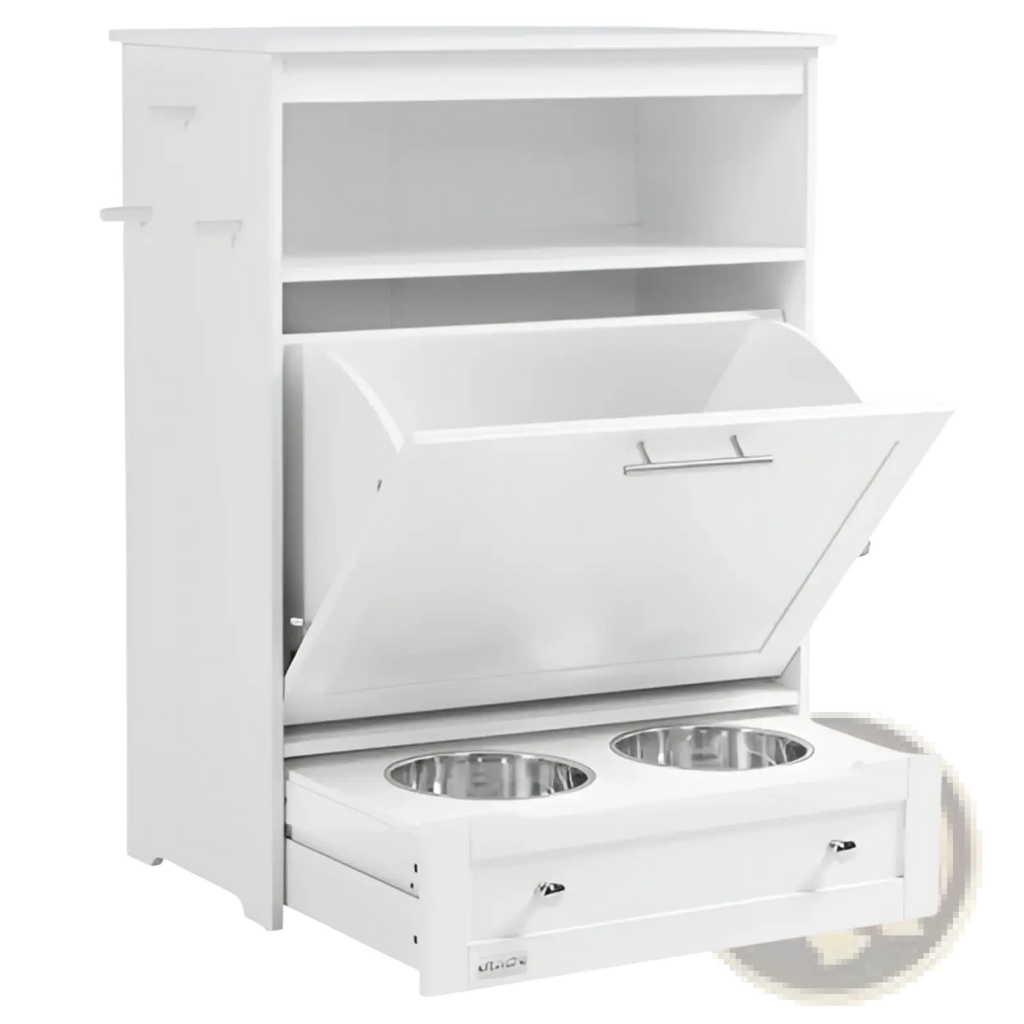 White pet feeder station with hinged lid and two stainless steel bowls for dog food storage cabinet use