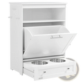 White pet feeder station with hinged lid and two stainless steel bowls for dog food storage cabinet use