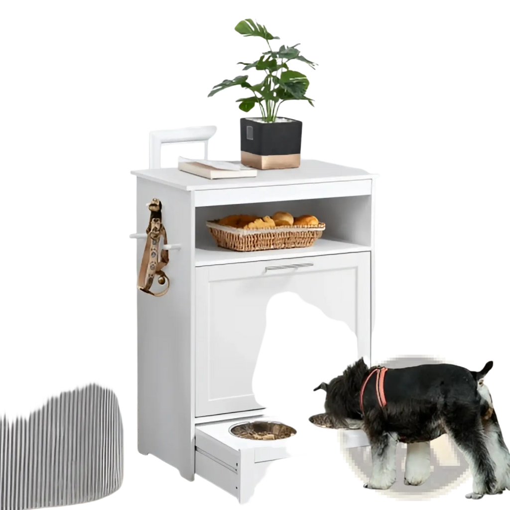 White pet feeder station with two bowls and pull-out drawer for dog food storage cabinet in modern design