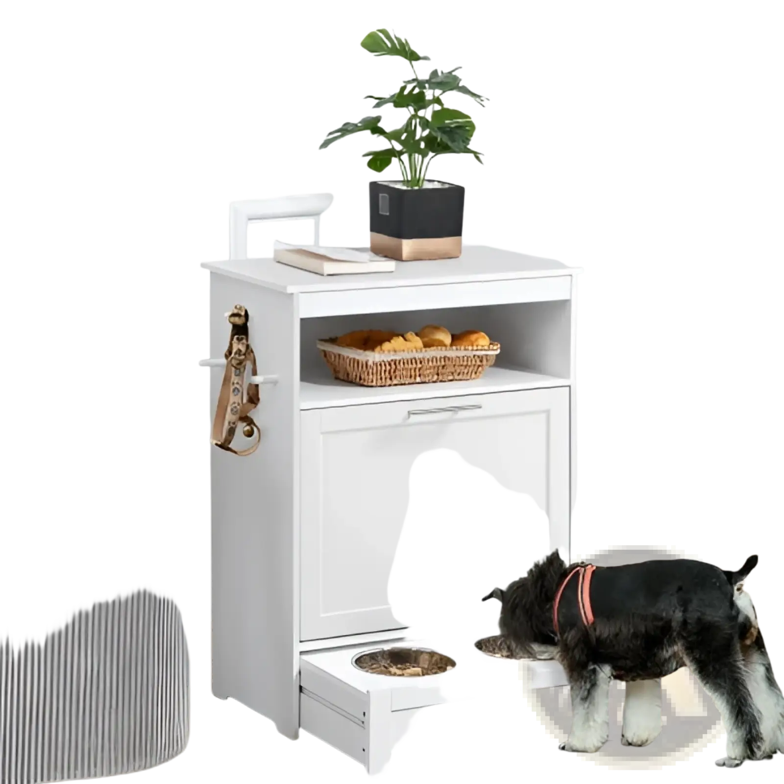 White pet feeder station with two bowls and pull-out drawer for dog food storage cabinet in modern design