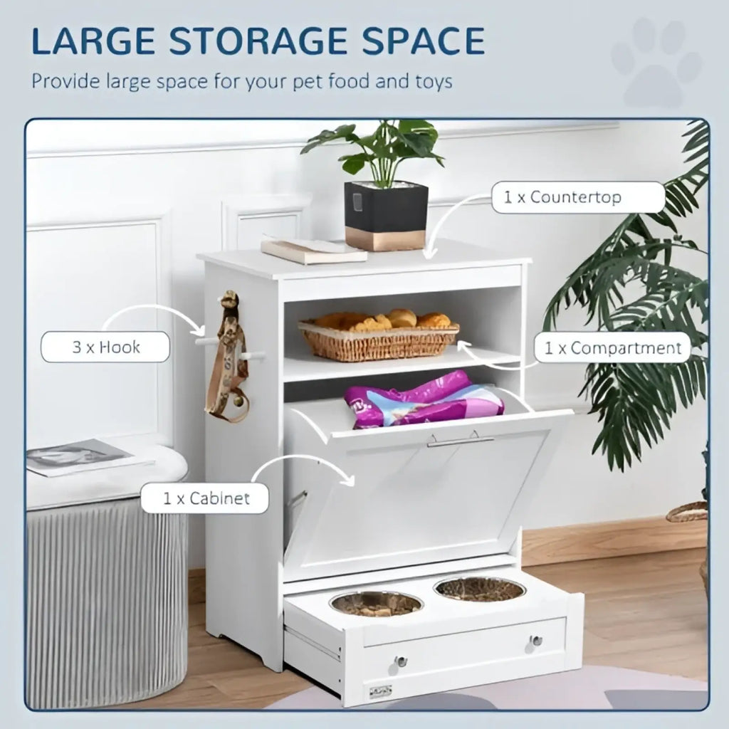 White pet feeder station with two stainless steel bowls and a pull-out storage drawer for dog food cabinet use