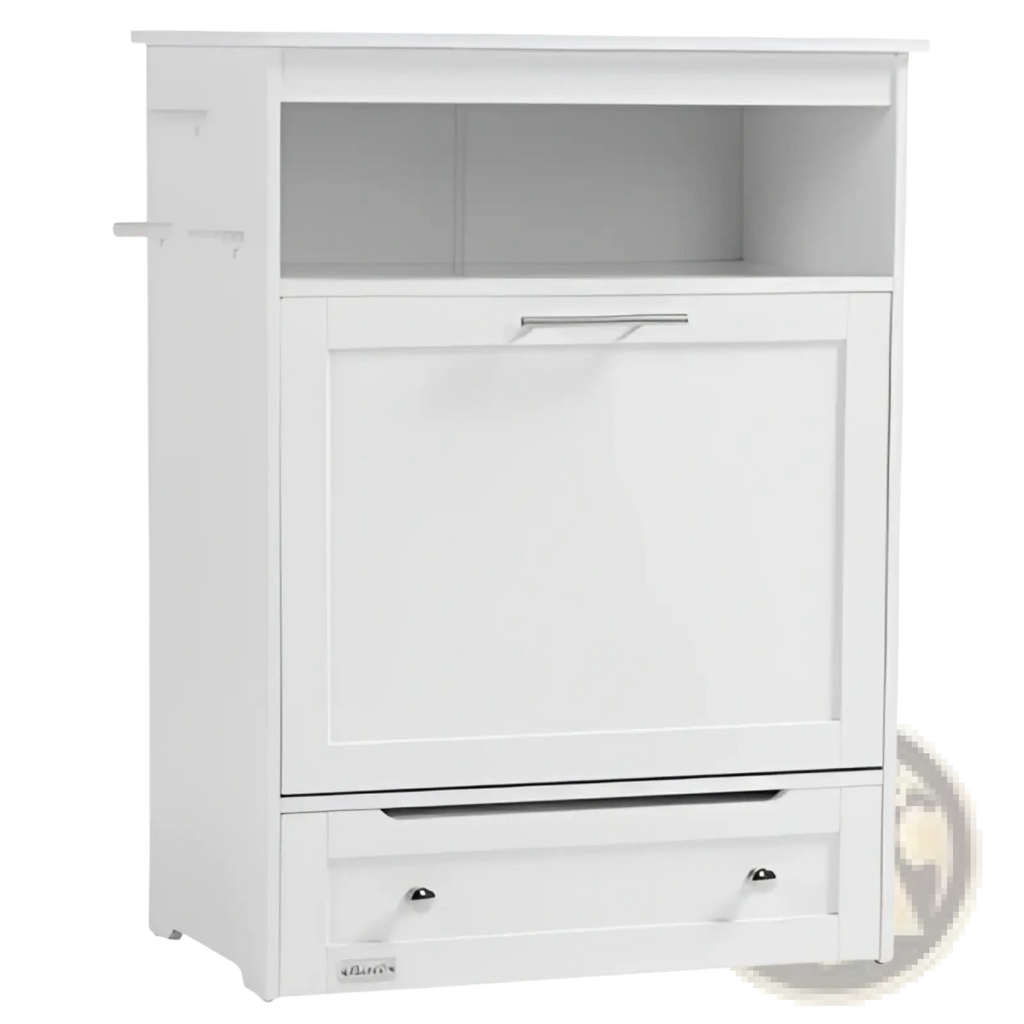 White wooden pet feeder station with a top shelf, silver handle door, and drawer for dog food storage