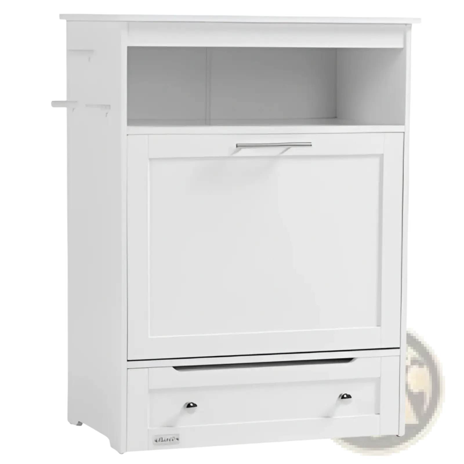 White wooden pet feeder station with a top shelf, silver handle door, and drawer for dog food storage