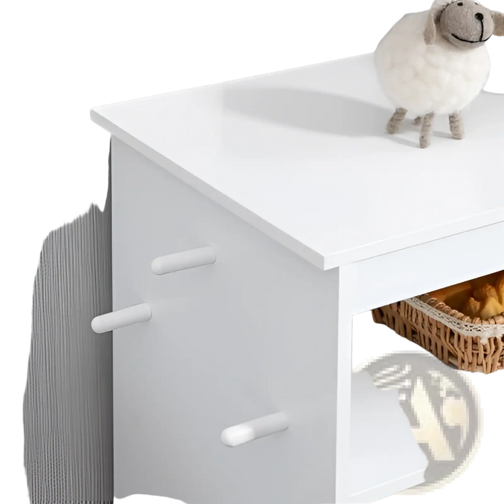 White wooden pet feeder station with rounded drawer pulls and woven basket for dog food storage underneath