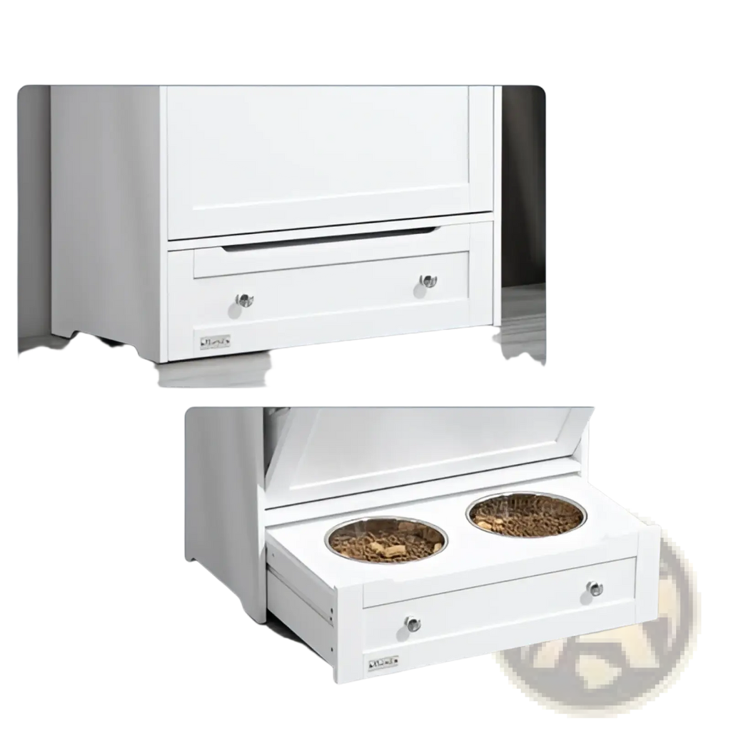 White wooden pet feeder station with hidden food storage cabinet and two round feeding bowls inside