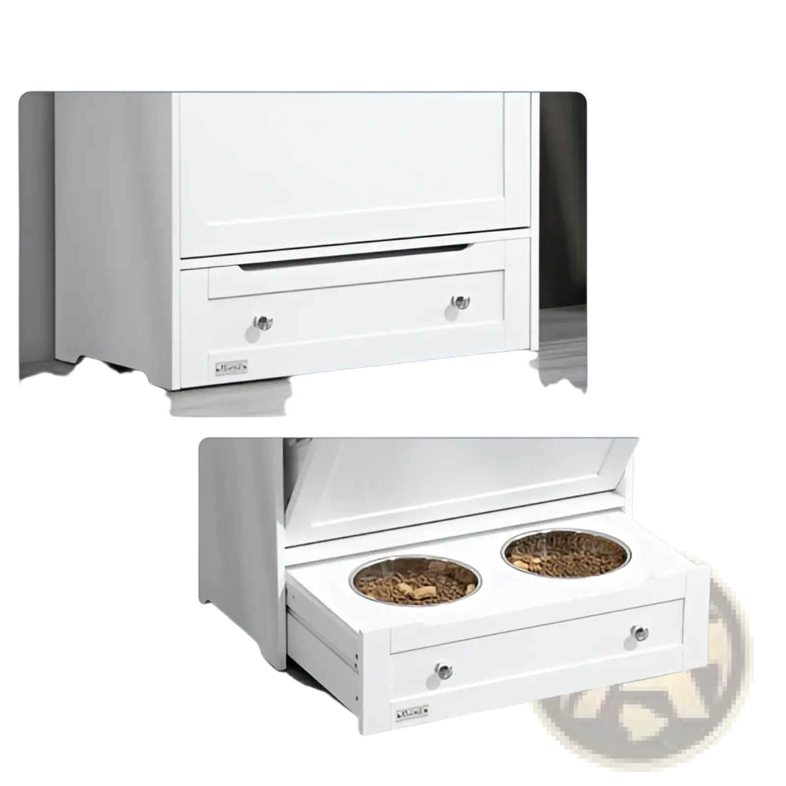 White wooden pet feeder station with hidden food storage cabinet and two round feeding bowls inside