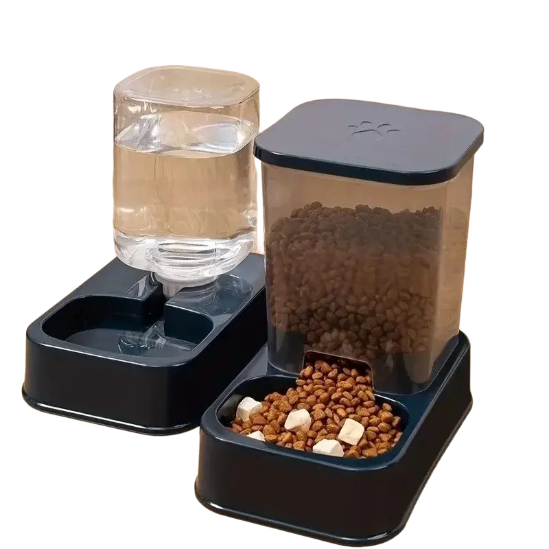 Black plastic pet feeder and water dispenser with transparent food container for automatic feeding and hydration