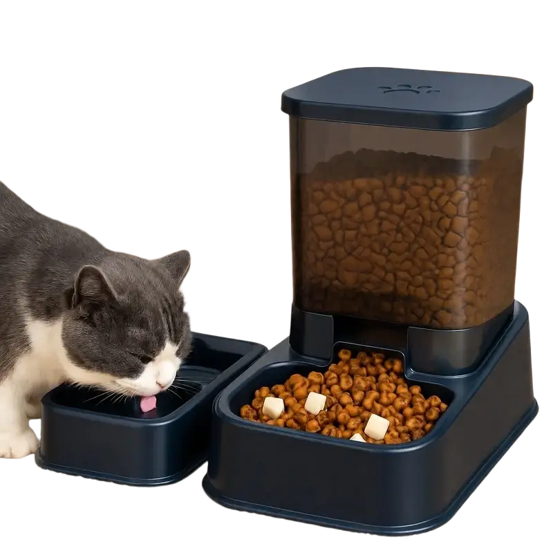 Dark blue plastic automatic pet feeder and water dispenser with transparent kibble compartment and paw print lid design