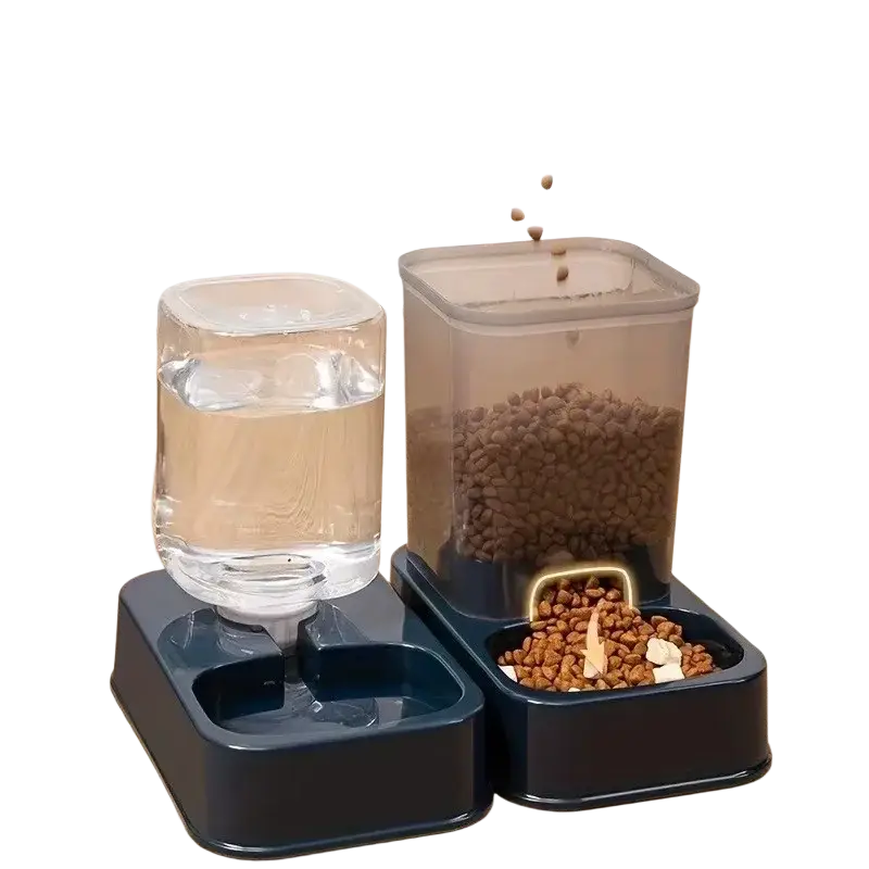 Black plastic pet feeder and water dispenser set with clear glass bottle and transparent kibble container for pets