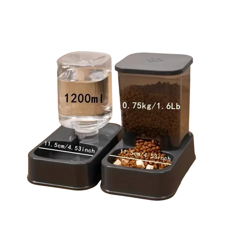 Black plastic pet feeder and water dispenser set with transparent reservoir and paw print lid design for automatic use