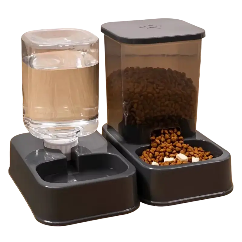 Black plastic pet feeder and water dispenser set with transparent containers for automatic feeding and hydration