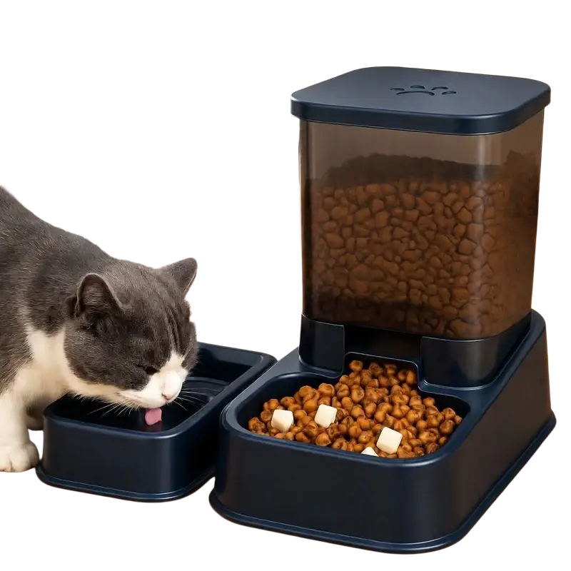 Dark blue automatic plastic pet feeder with transparent top compartment and matching base tray water dispenser set