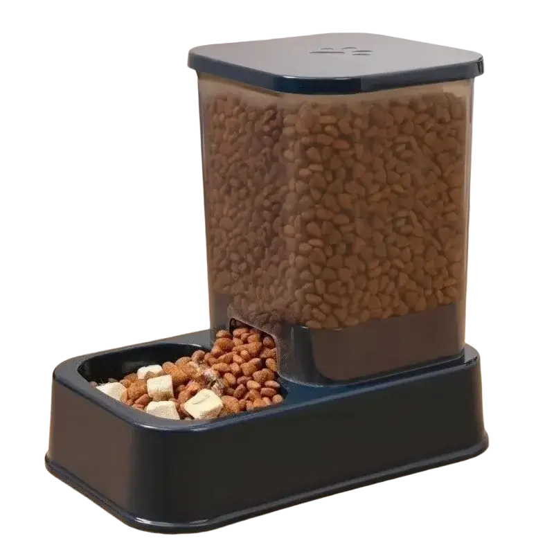 Deep blue plastic pet feeder and water dispenser set with clear container and black base filled with brown kibble