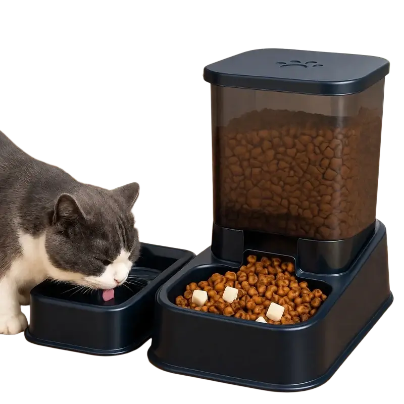 Black plastic pet feeder and water dispenser with transparent kibble compartment and paw print design on the lid
