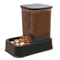 Deep blue plastic pet feeder with clear container and black base filled with brown kibble for feeding and water dispensing