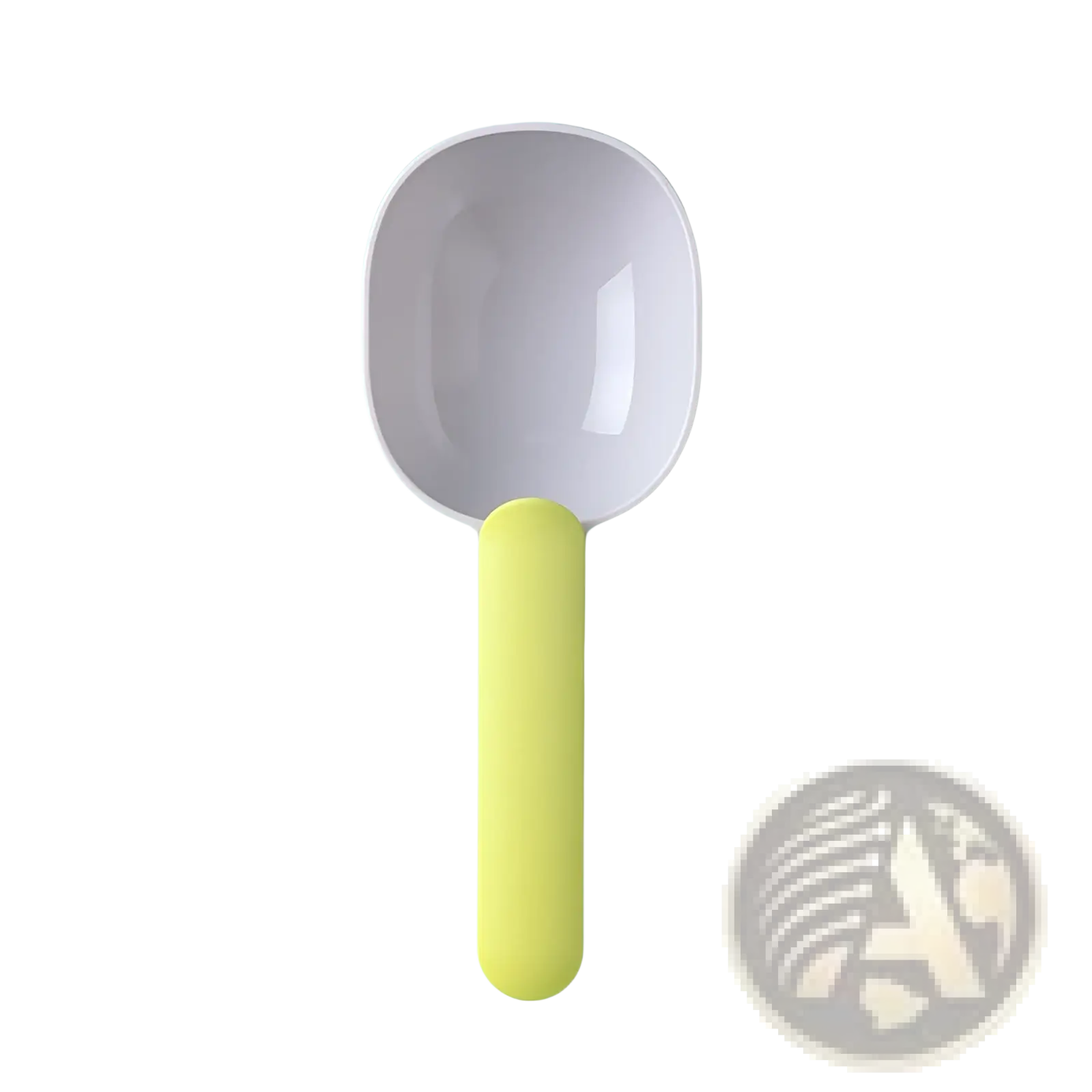 A pet feeding spoon abs plastic food scoop with a matte lavender bowl and vibrant yellow handle for pet feeding