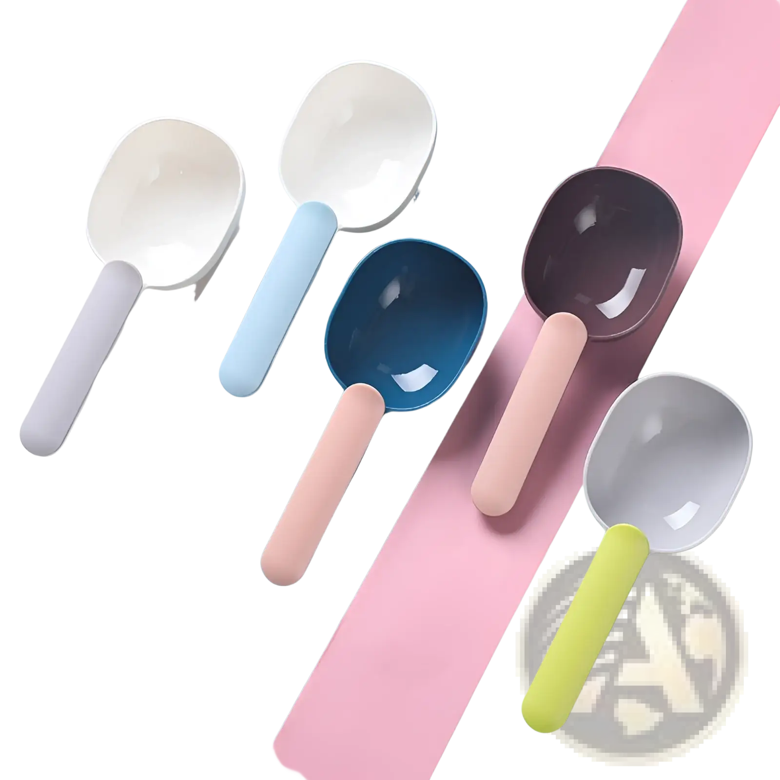 Set of colorful plastic pet feeding scoops with pastel handles and glossy bowls in white blue pink and yellow