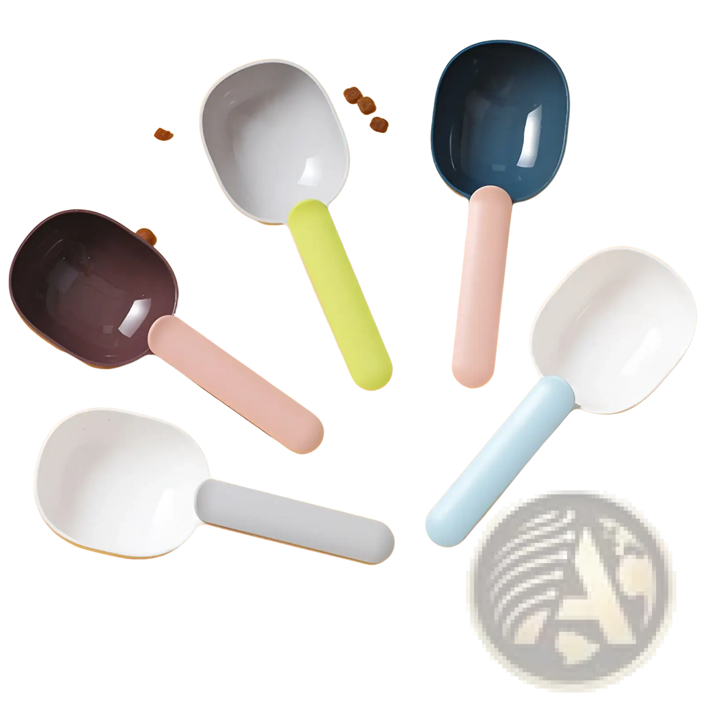 Set of five pastel-colored abs plastic pet feeding scoops with rounded bowls and matching handles in various colors