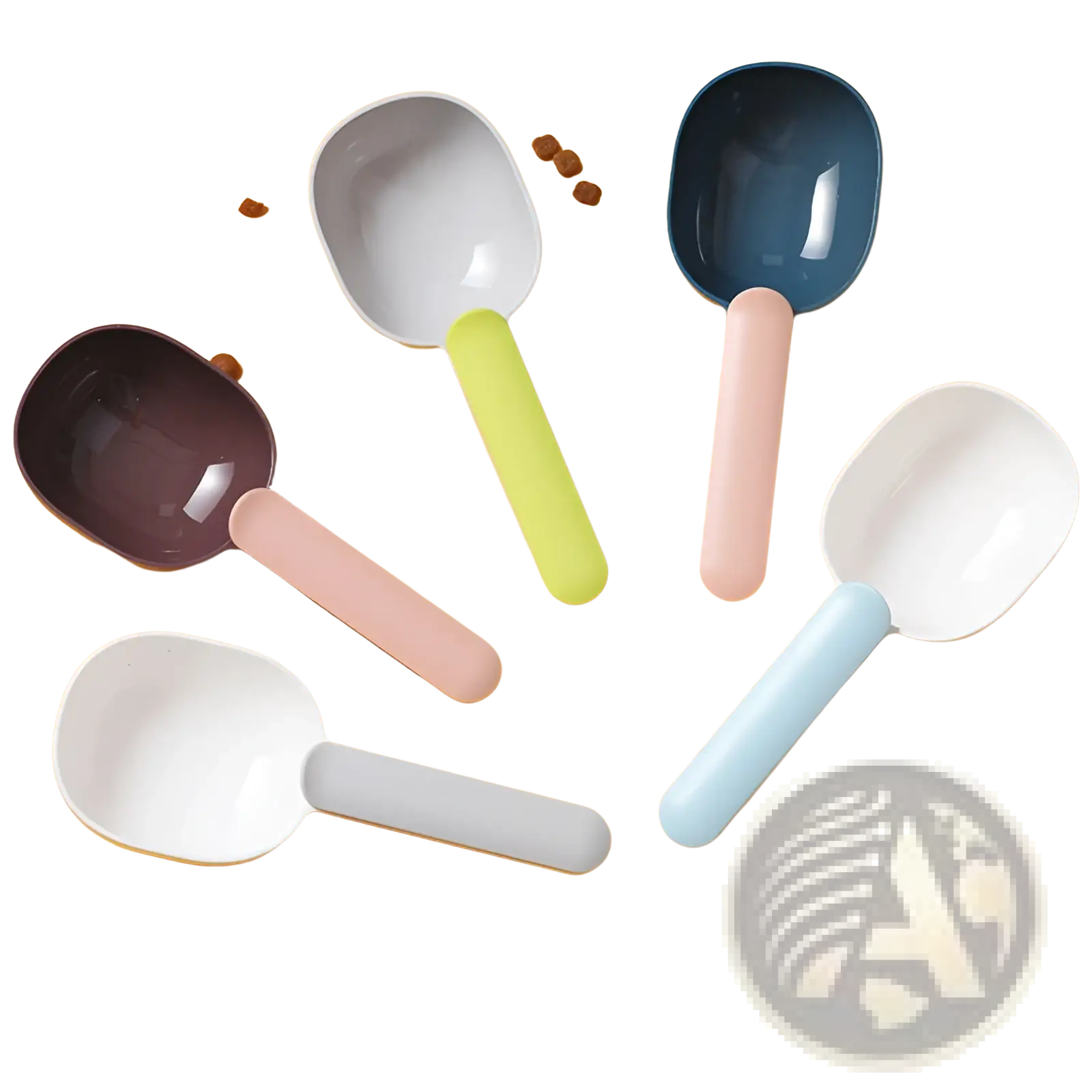 Set of five pastel-colored abs plastic pet feeding scoops with rounded bowls and matching handles in various colors