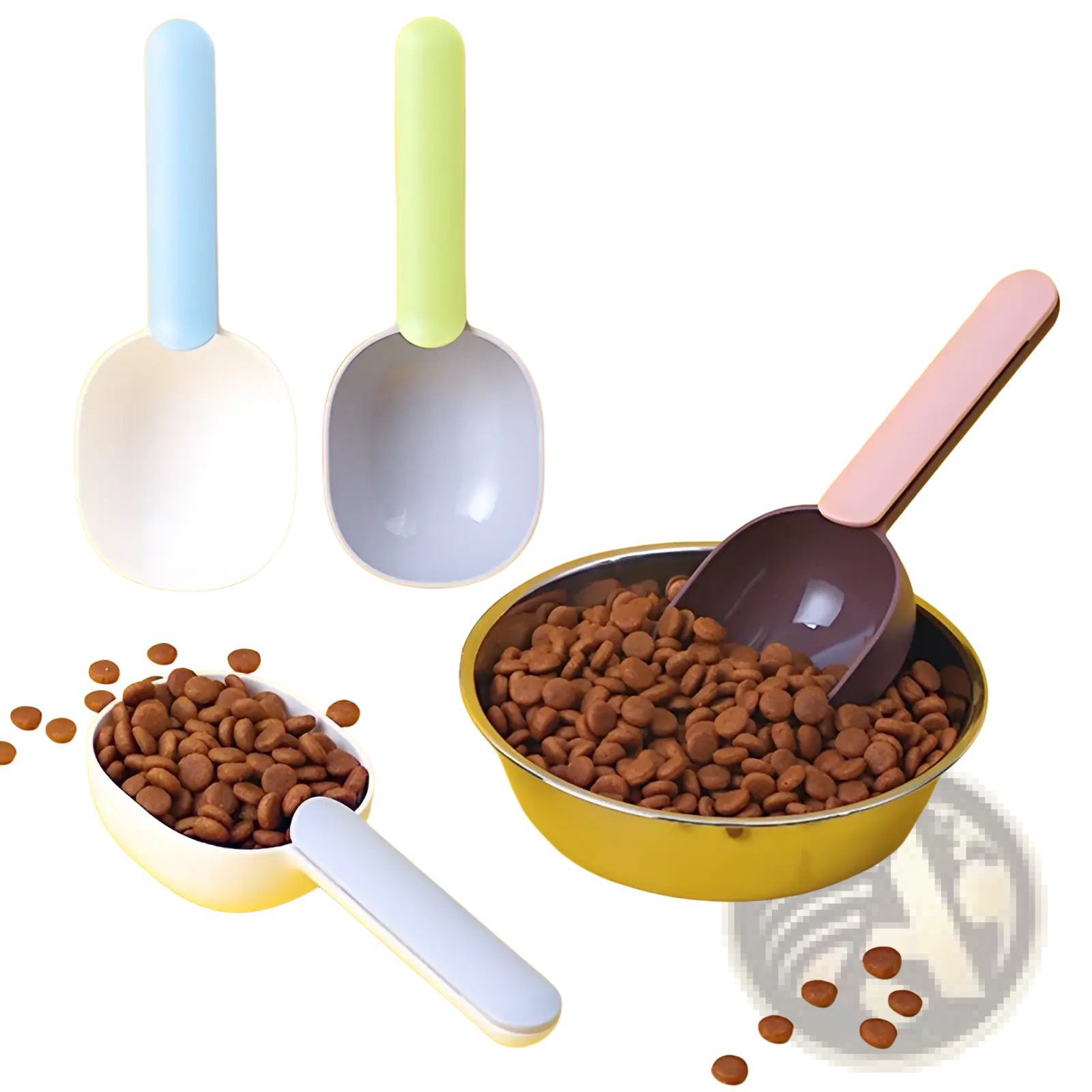 Set of four colorful plastic pet feeding scoops with pastel handles and matching bowls made of ABS plastic