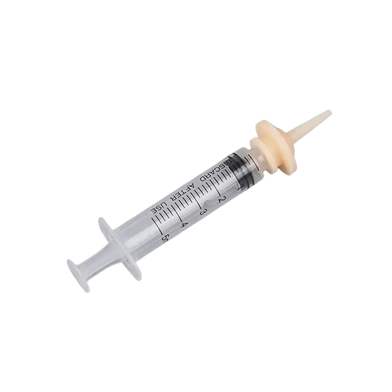 Clear plastic pet feeding syringe with beige rubber bulb marked 5ml 3.2cm for 3ml 5ml 10ml silicone nipple set