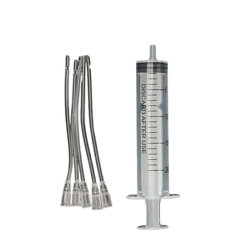 Clear plastic 20ml pet feeding syringe with gray plunger and four clear plastic catheter tubes five pack