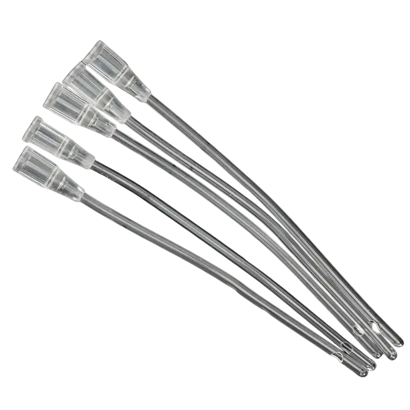 Clear plastic catheter tips with transparent tapered ends and smooth shafts for pet feeding syringe with tube 5 pack